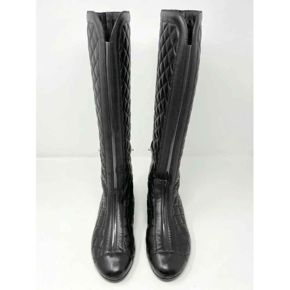 Chanel Black Quilted Leather Knee Boots CC Logo Back Zip 38
